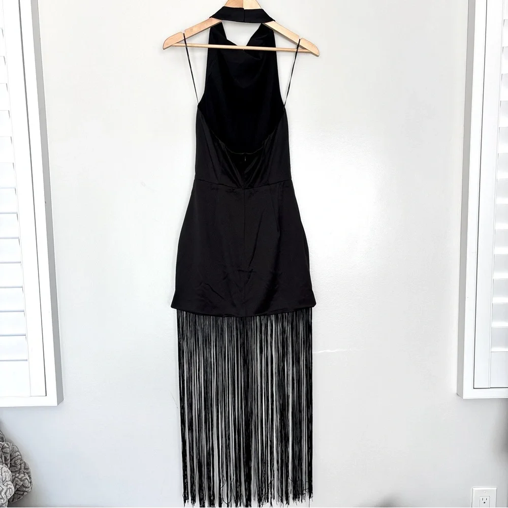 ELLIATT x Revolve Beatrice Halterneck Draped Neckline Fringe Black Dress Size S - Picture 10 of 16